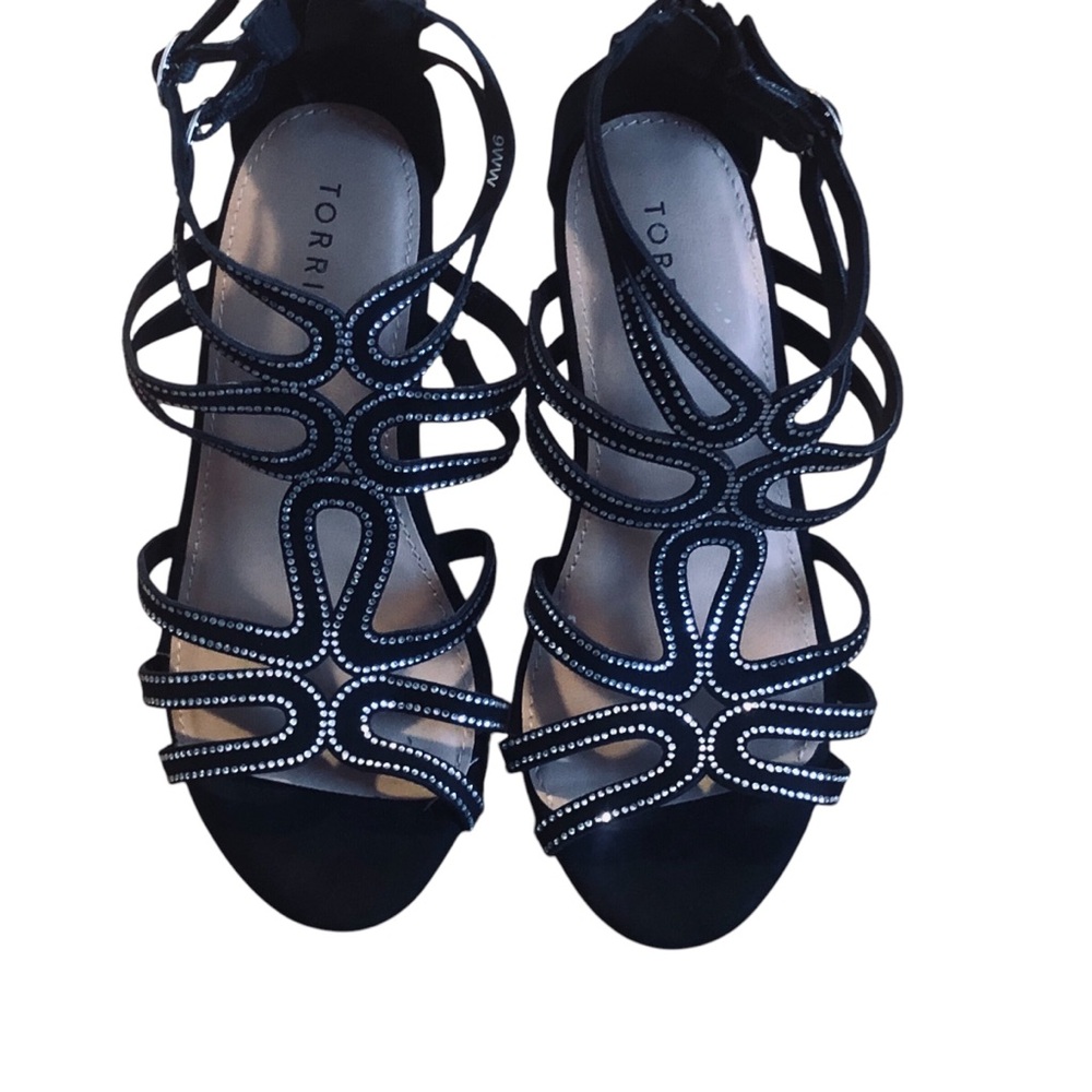 TORRID Black and Silver Embellished Suede Strappy Heels Platform Stilettos